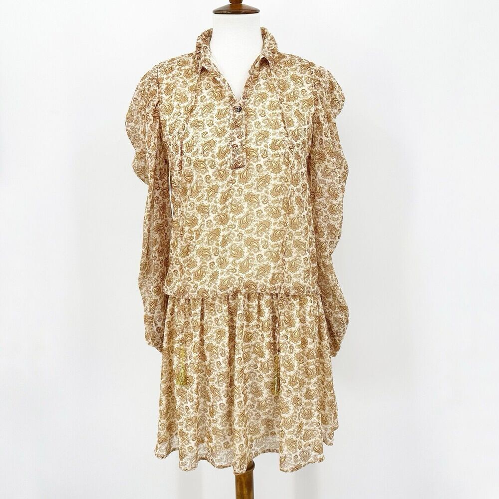Viemme Womens Mini Dress XS Paisley Metallic Boho Chic Earthy Romantic Feminine‎
